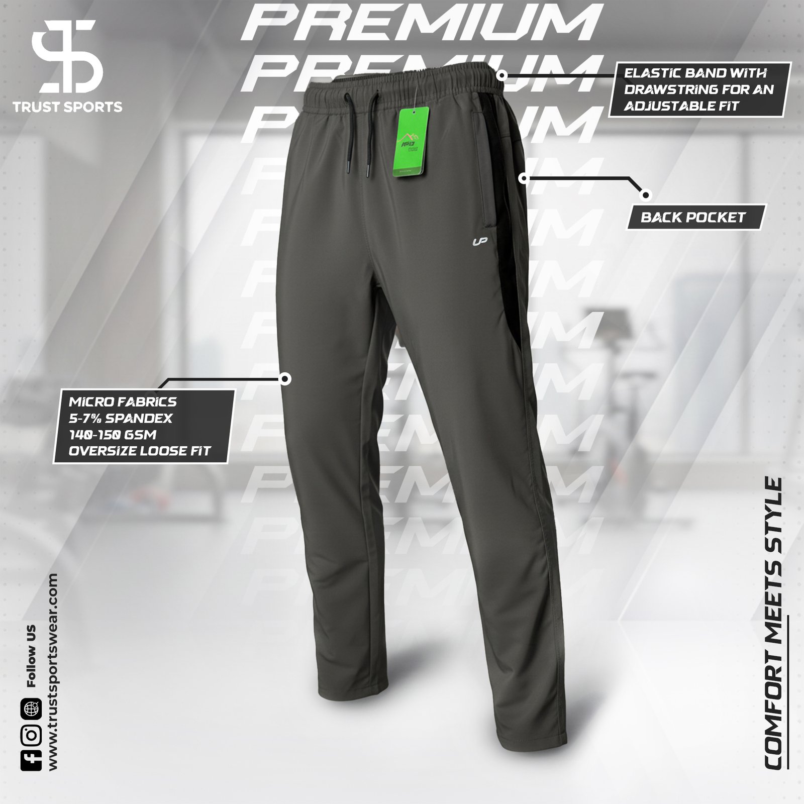 3 Trust sports-UP -TORUSER Premium Parasort Micro Fabrics-Ash. - Image 1